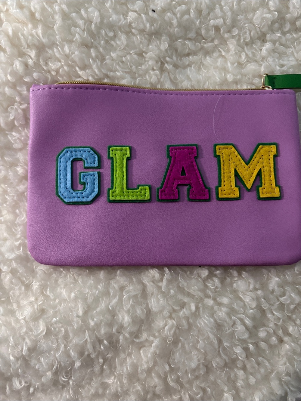 ipsy Lavender 'GLAM' Cosmetic Pouch with Multicolor Letter Patches